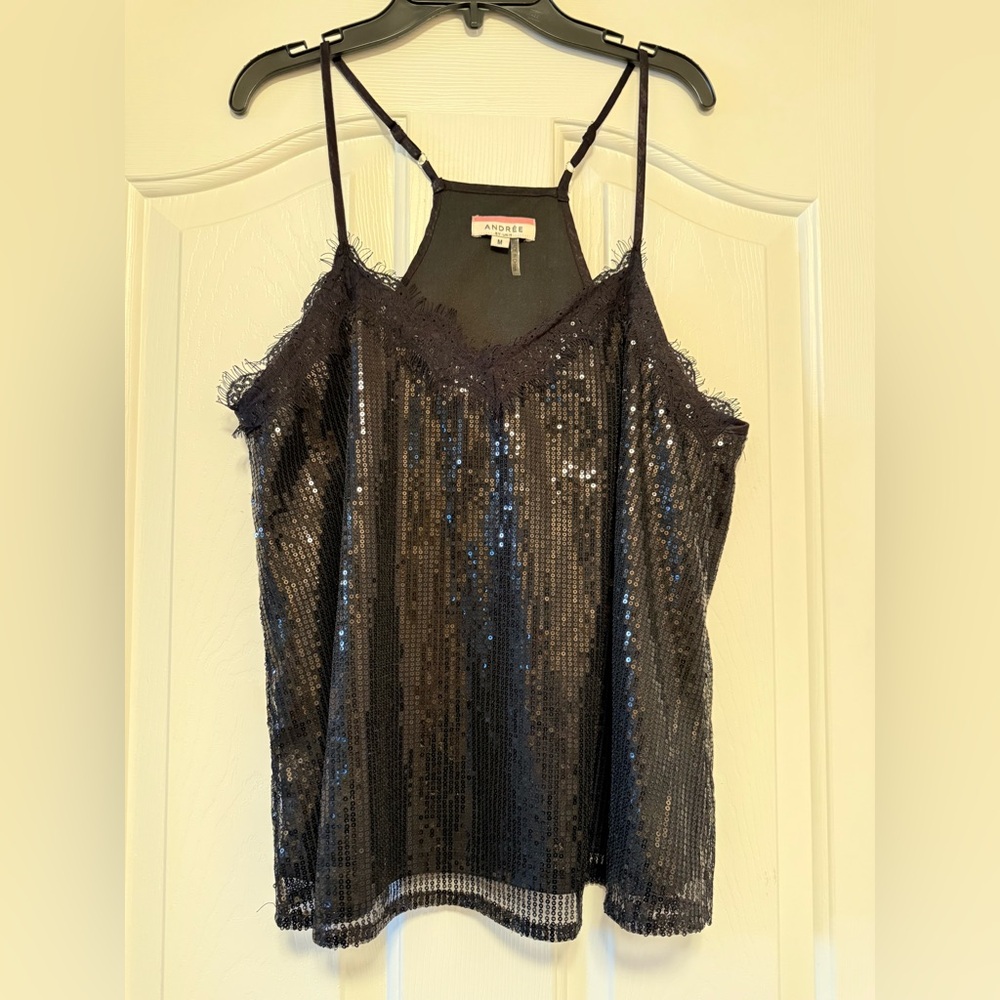 ANDREE BY UNIT Black Sequin Lace-Trim Camisole